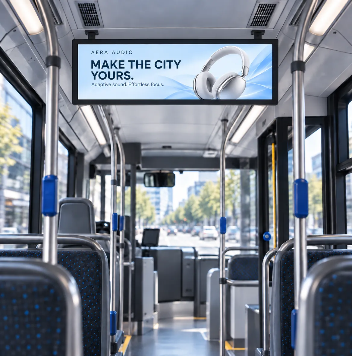 Bildschirm über dem Gang eines Stadtbusses mit einer Kopfhörerwerbung