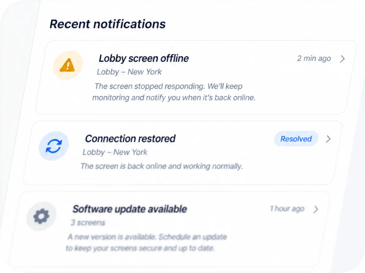 Aktuelle Benachrichtigungen zu einem Bildschirm, der offline ging, wieder online ist und ein Update hat