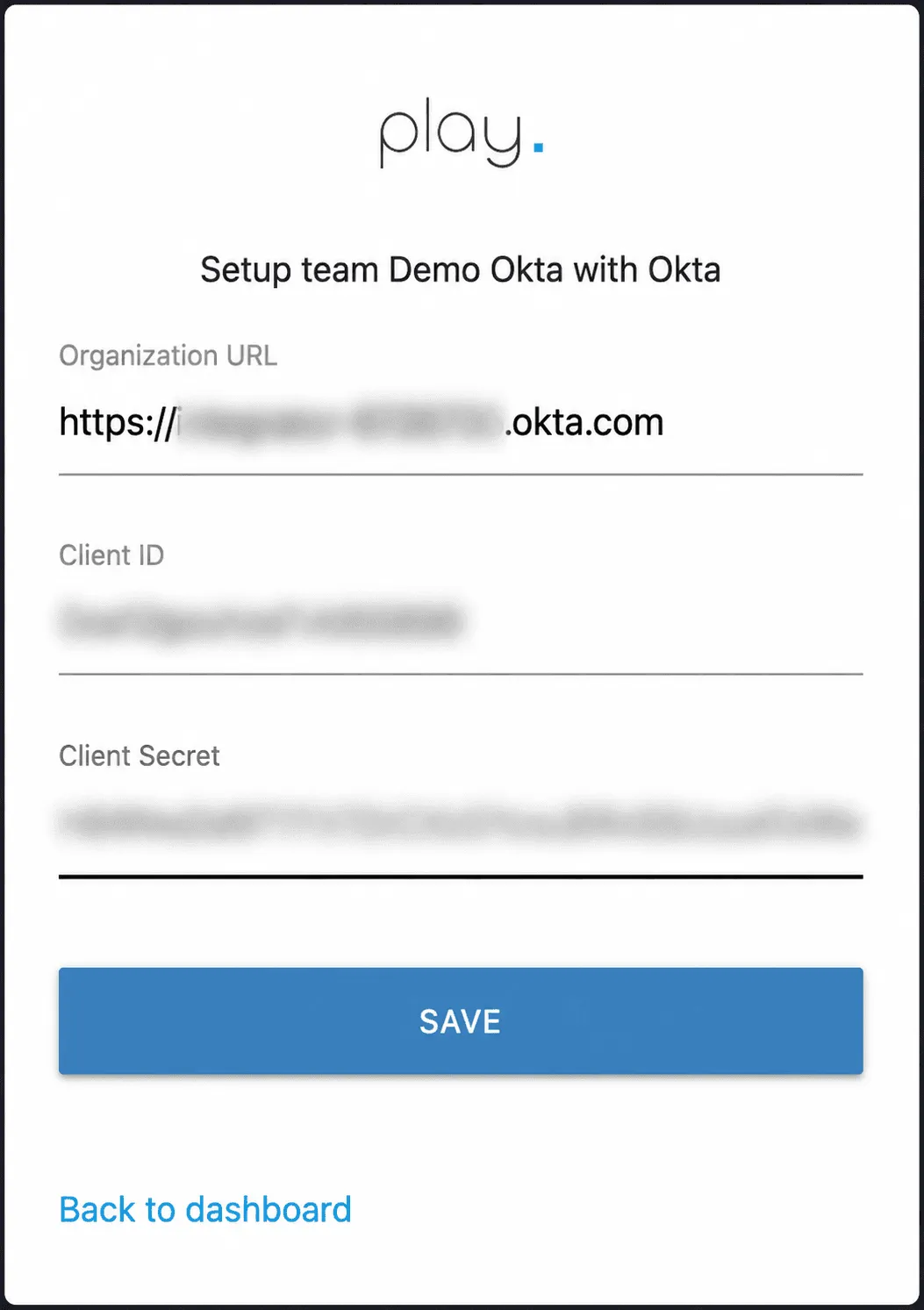 Formular für Okta-organization URL, client ID und client secret