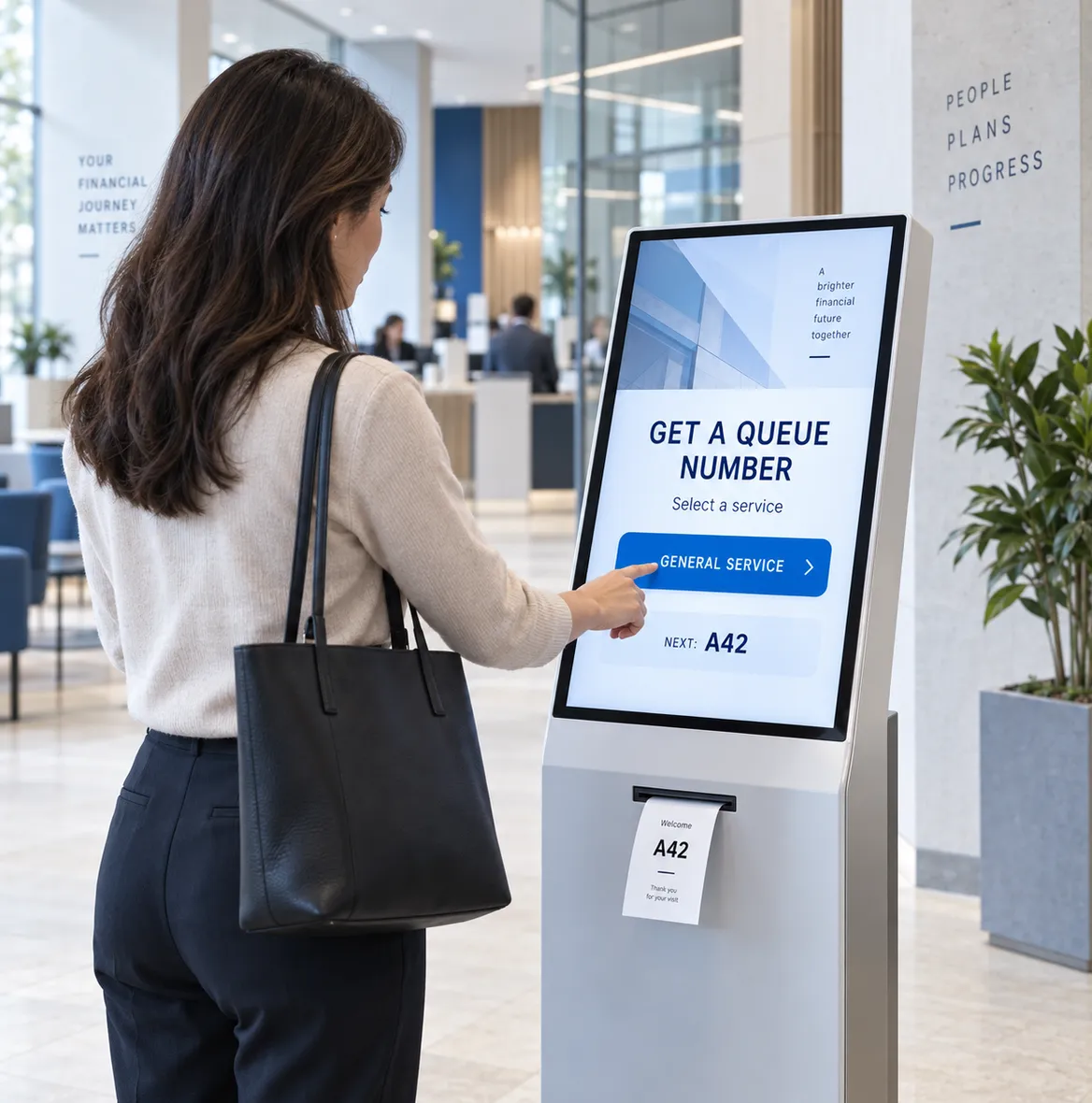 Frau zieht an einem Touchscreen-Terminal in einer Bürolobby eine Wartenummer