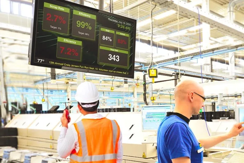 Fabrikarbeiter unter einem Bildschirm mit Produktionszahlen
