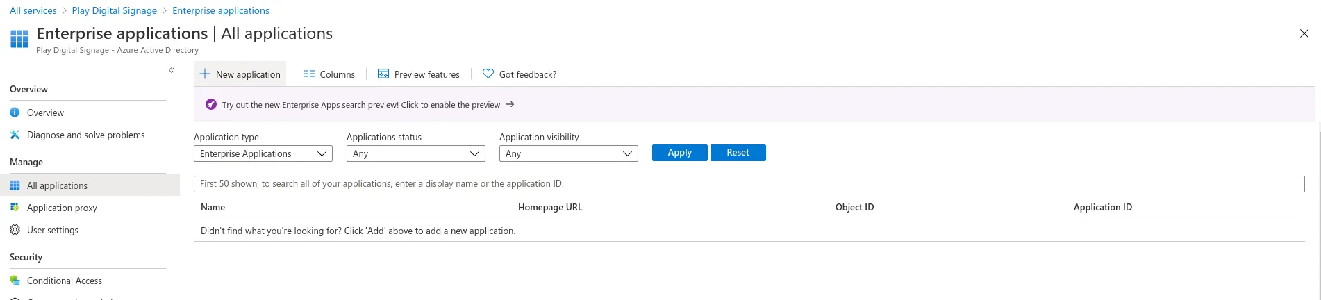 Seite Unternehmensanwendungen in Microsoft Entra mit der Schaltfläche New Application