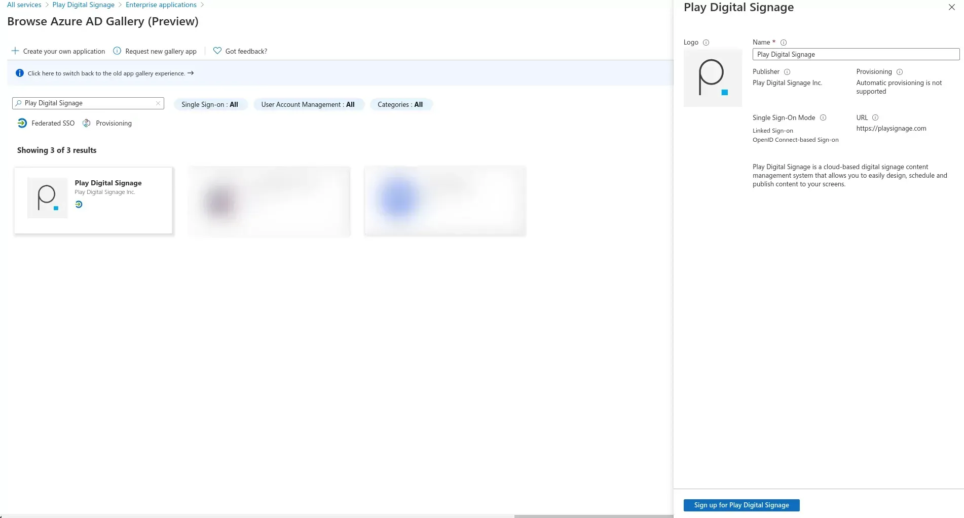 Suche nach Play Digital Signage in der Entra-ID-App-Galerie