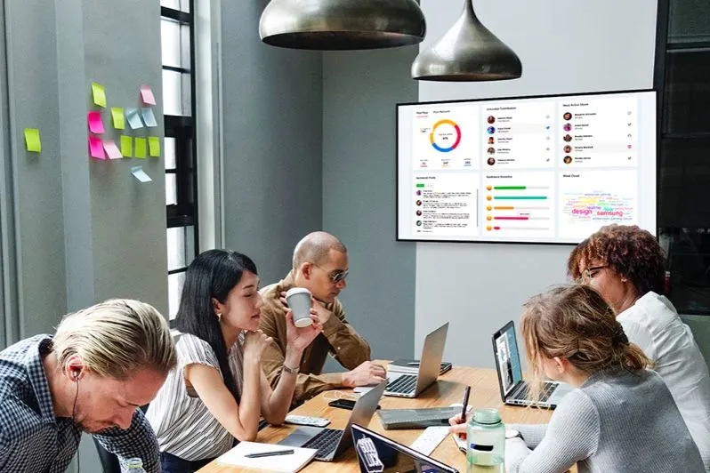 Teambesprechung unter einem Bildschirm mit Unternehmens-Dashboards