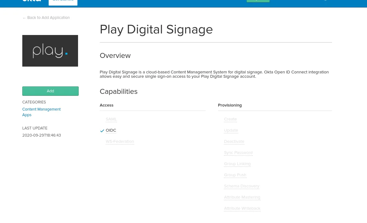 Play Digital Signage zu einer Okta-Organisation hinzufügen