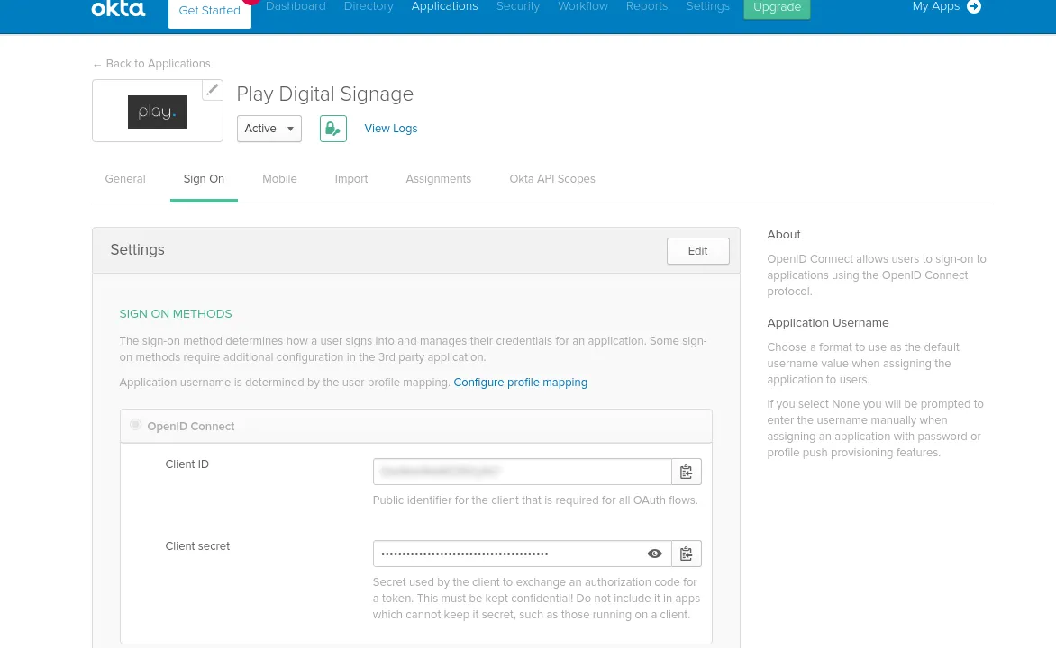 Okta-Einstellungen unter Sign On mit client ID und client secret