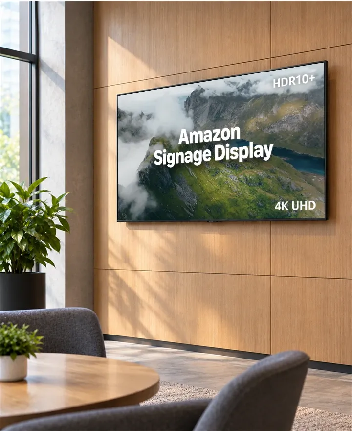 Amazon Signage Display mit Berglandschaft in einer Büro-Lounge