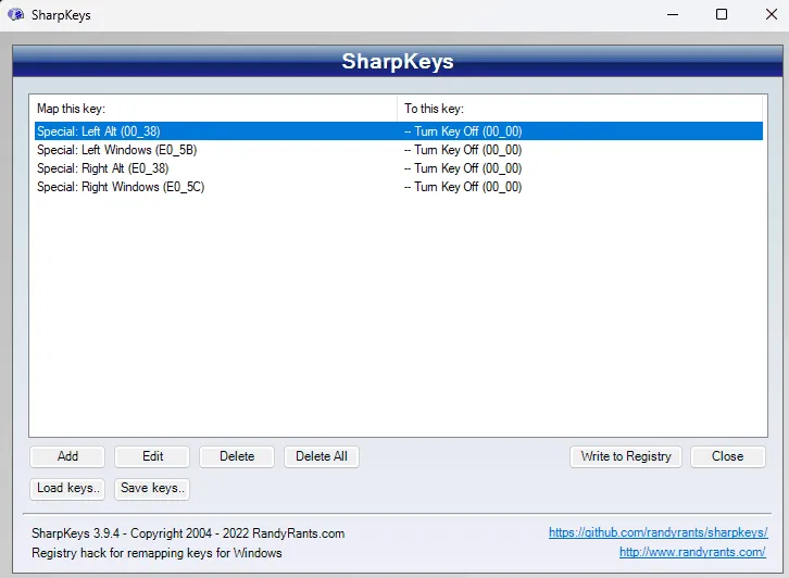 SharpKeys mit ausgeschalteten Alt- und Windows-Tasten