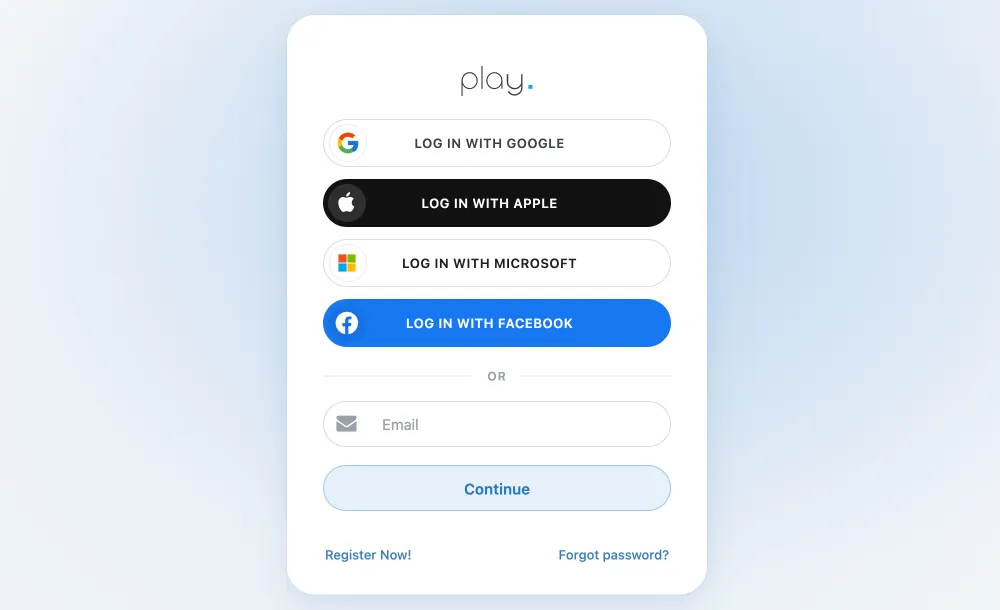 Die Anmeldeseite von Play mit den Optionen Google, Apple, Microsoft, Facebook und E-Mail