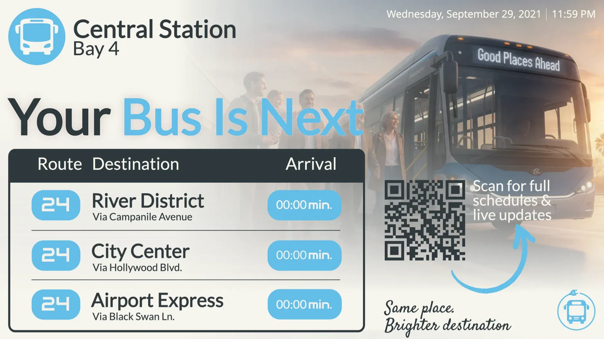 Ihr Bus kommt als Nächstes: Digital-Signage-Vorlage für Verkehr und Transport